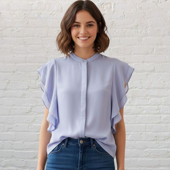 ASOS Baby Blue Double Ruffle Cap Sleeve Mock Neck Button Down Blouse Size 6 - Picture 1 of 10